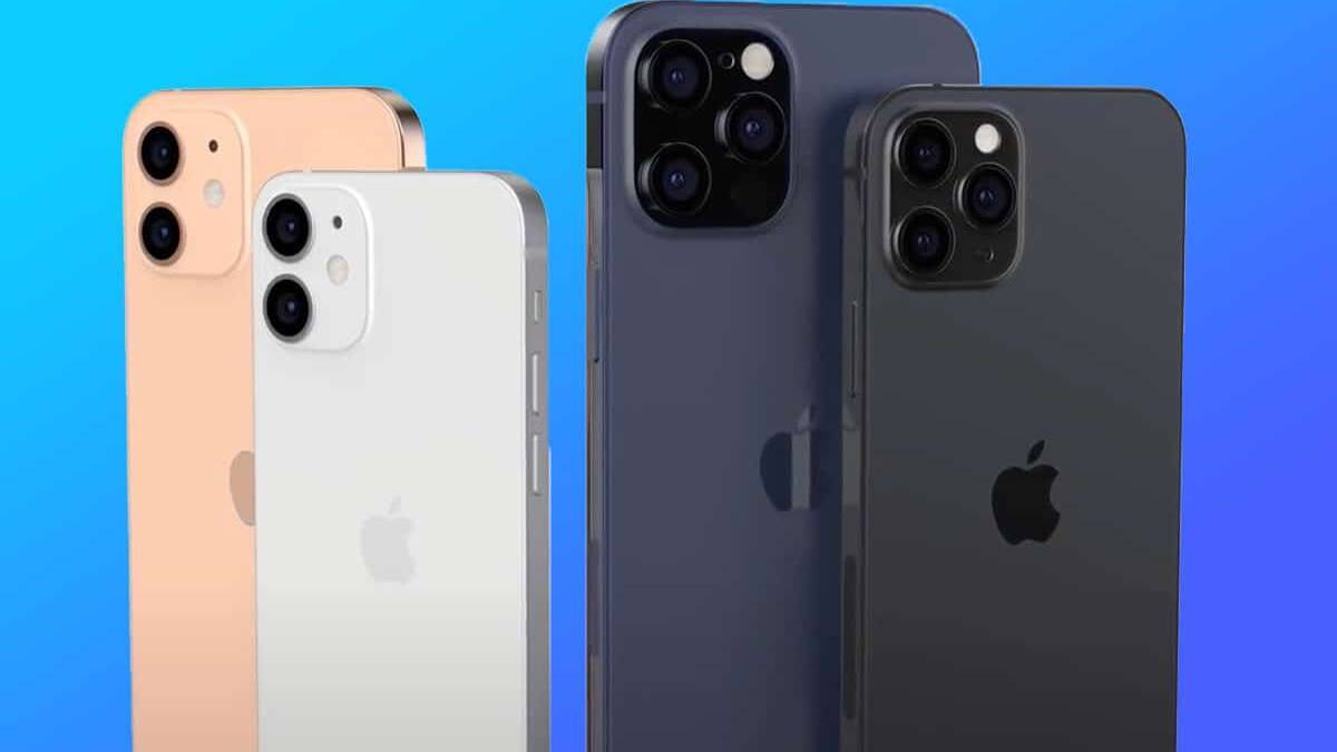 Фотография четырех моделей iPhone сзади на голубом фоне