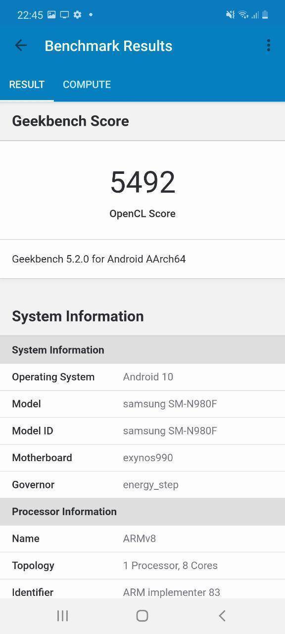 Результаты тестирования Geekbench для смартфона Samsung Galaxy SM-N980F