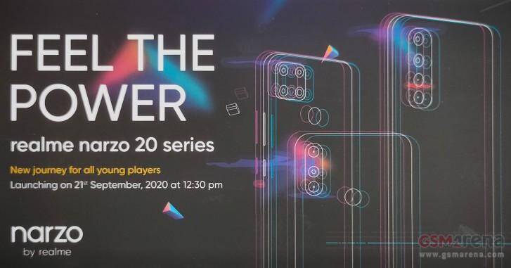 Объявление о смартфонах Realme Narzo 20 серия, изображены задние панели устройств с камерами