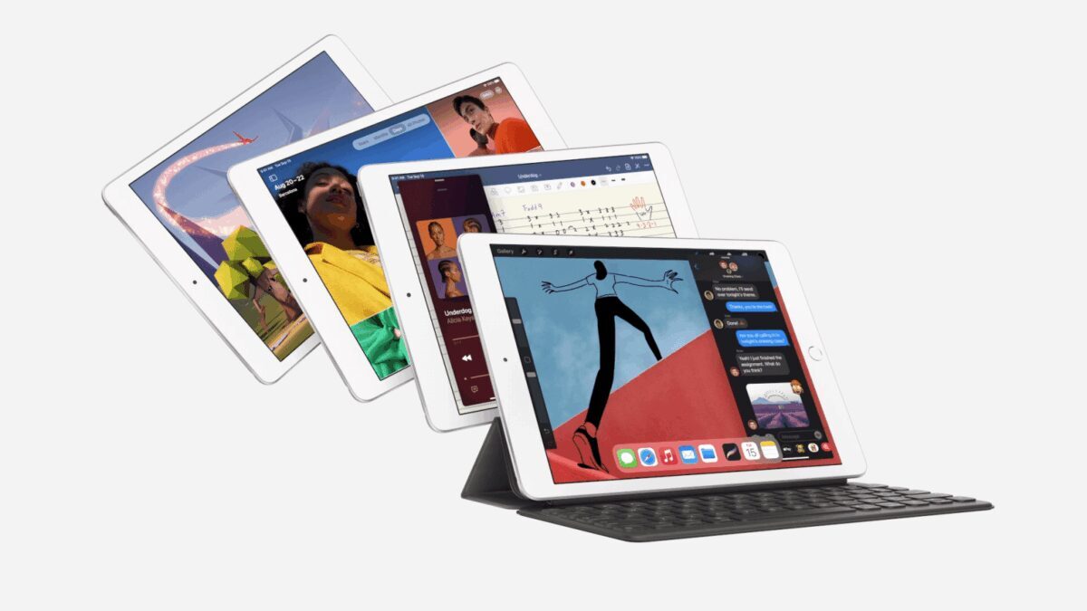 Пять планшетов iPad Air с клавиатурой и интерфейсом