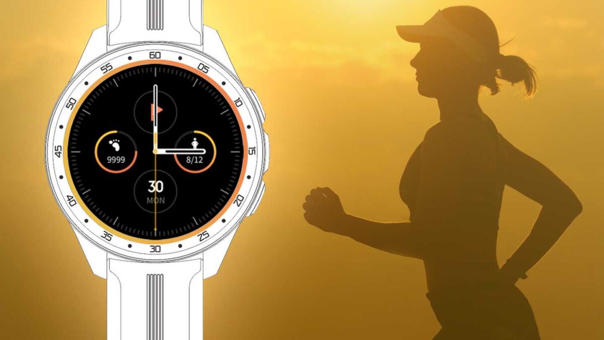 Умные часы Vivo на фоне бегущей женщины на закате