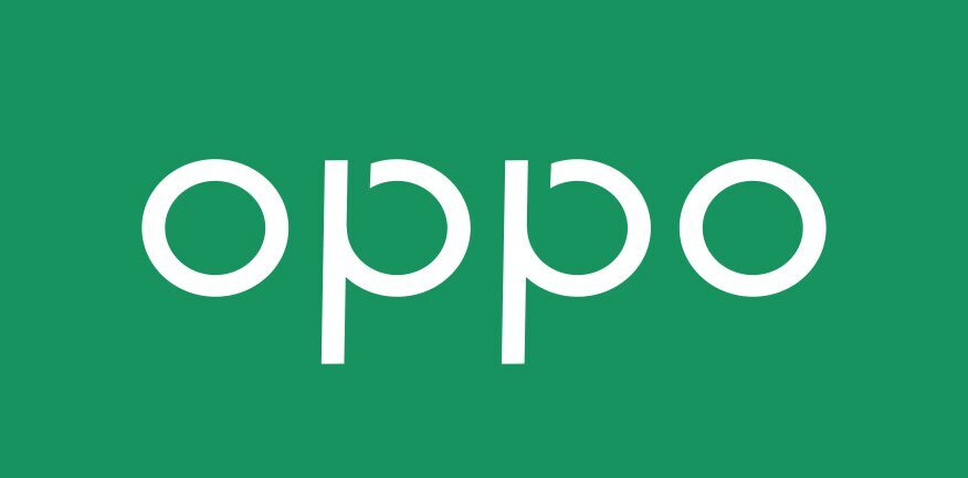 Зеленый логотип OPPO на фоне изображения устройства