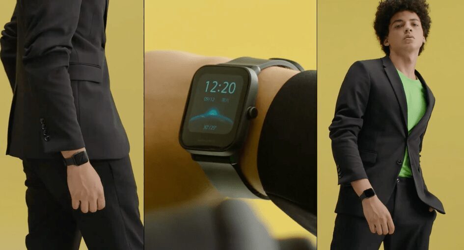 Умные часы Amazfit Pop на руке в офисной одежде