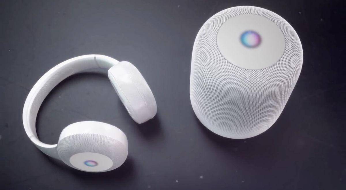 Беспроводные наушники Apple и умный динамик HomePod на столе