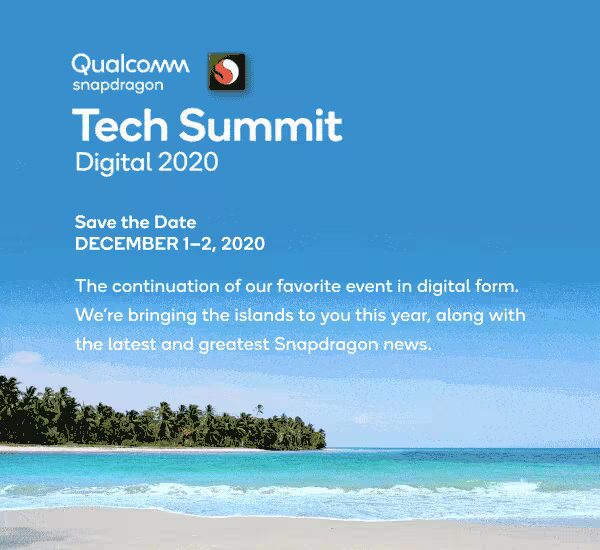 Объявление о событии Qualcomm Tech Summit 2020 с изображением тропического пляжа