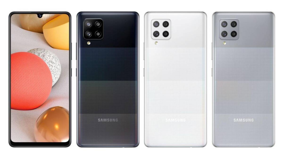 Передняя и задняя часть Samsung Galaxy A42 5G с четырьмя камерами и дисплеем