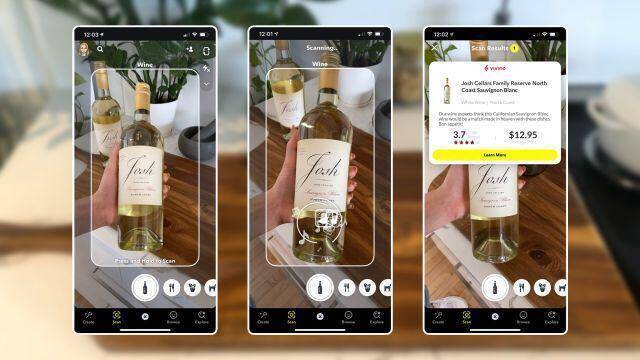 Экран Snapchat распознает вино через камеру смартфона