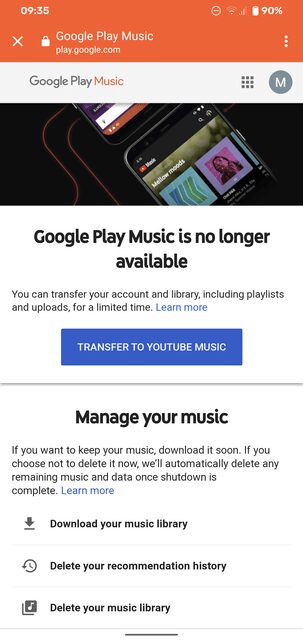 Google закрыла музыкальный сервис Play Music 8 Скриншот страницы Google Play Music с сообщением о недоступности службы