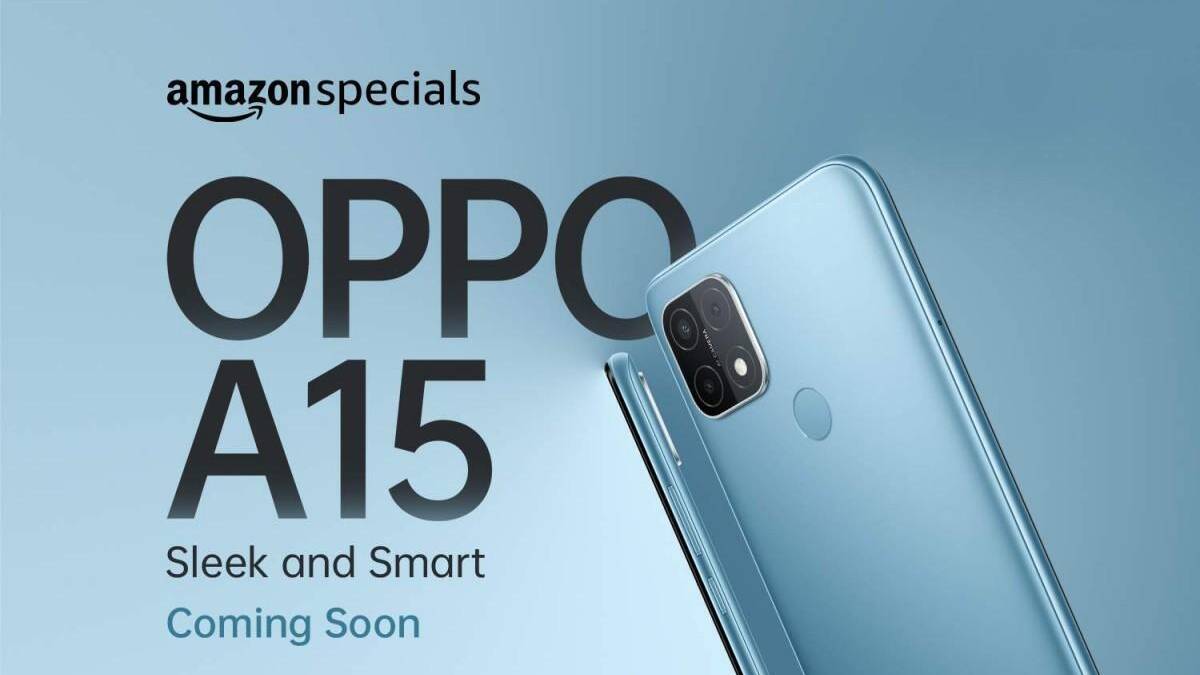 Реклама смартфона OPPO A15 сзади с камерой и датчиком отпечатков пальцев