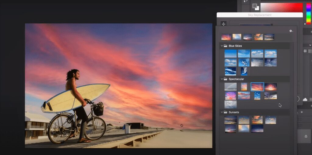 Редактор Photoshop 2021 с инструментами замены неба и сглаживания кожи