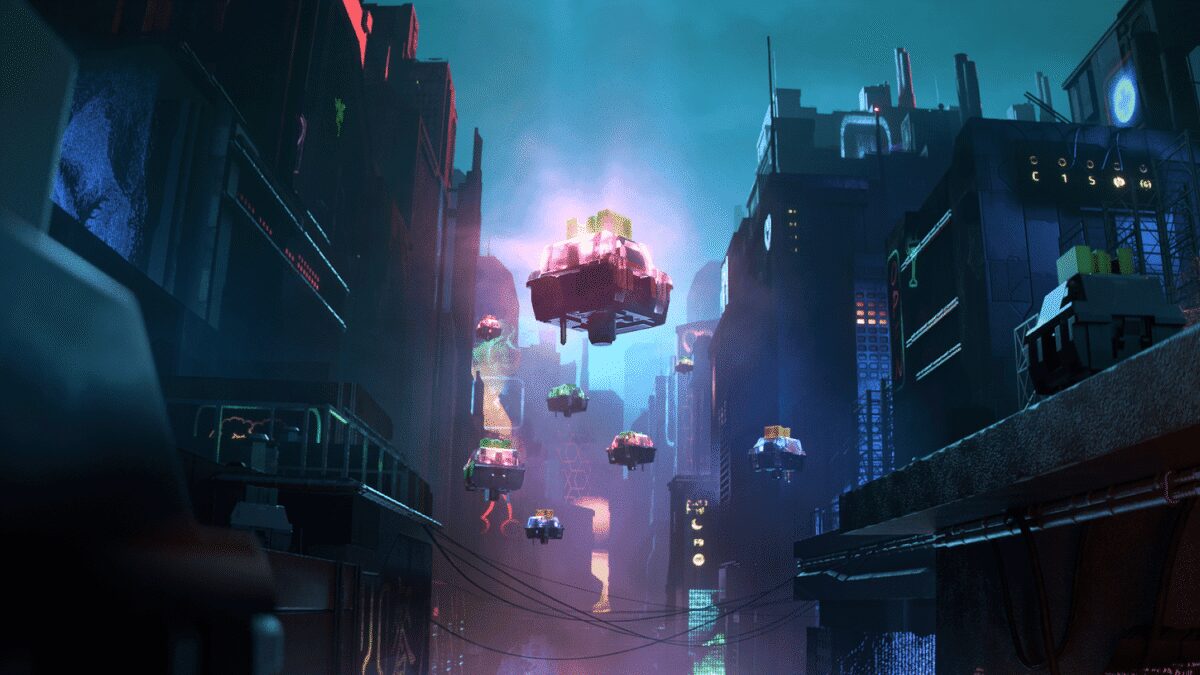 Киберпанковый город с летающими автомобилями и неоновыми вывесками