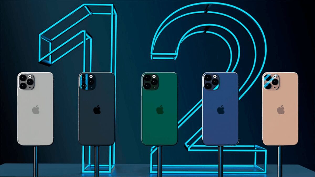 Пять смартфонов iPhone 12 разных цветов с подсветкой номера 2