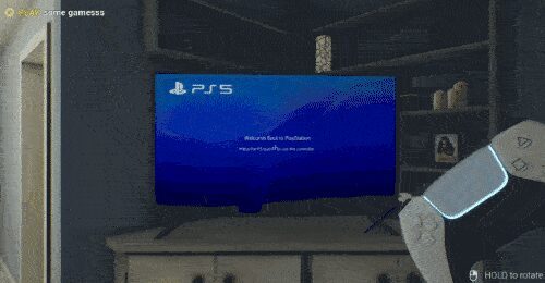 Телевизор с подключенным PS5 и управляющим джойстиком