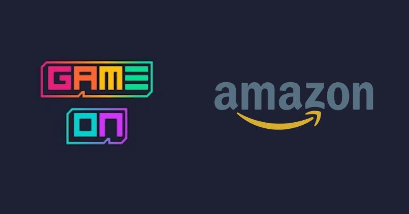 Логотип платформы GameOn и логотип Amazon на тёмном фоне