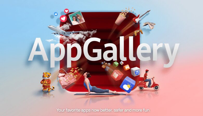 Иллюстрация приложения AppGallery с различными популярными приложениями и устройствами