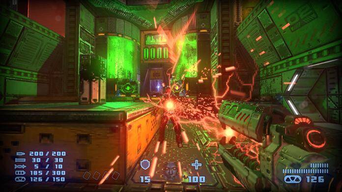 Первый-person shooter в футуристической комнате с оружием и зеленым светом