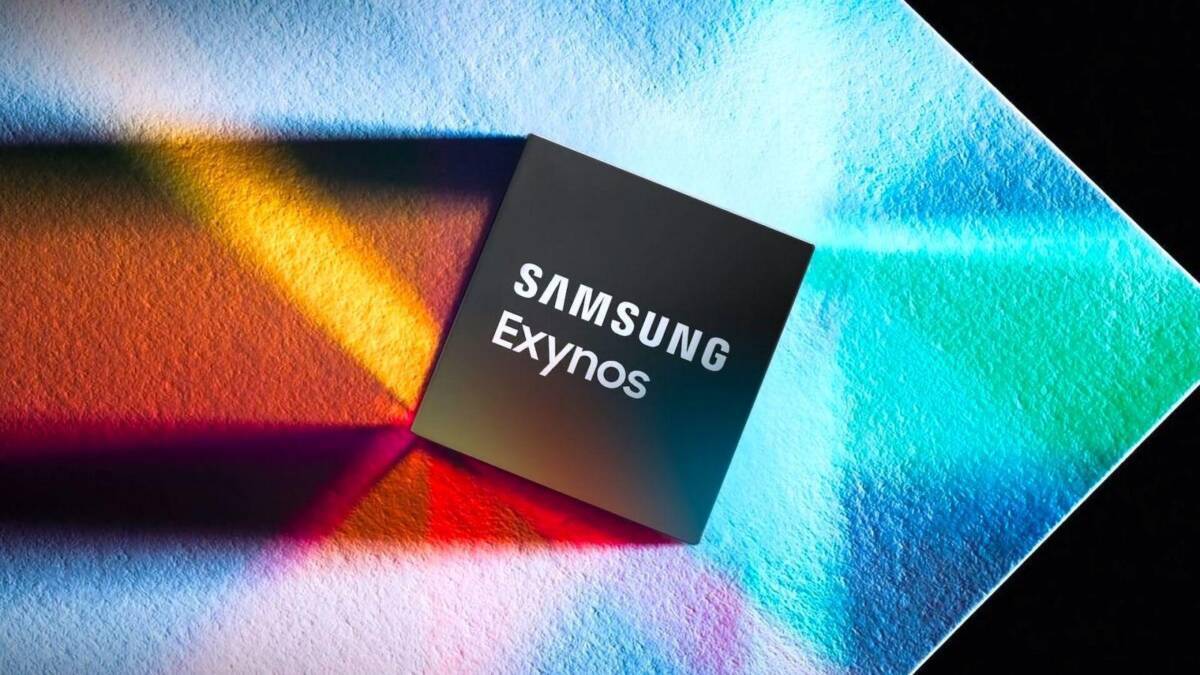 Коробка с названием Samsung Exynos на поверхности светящихся цветов