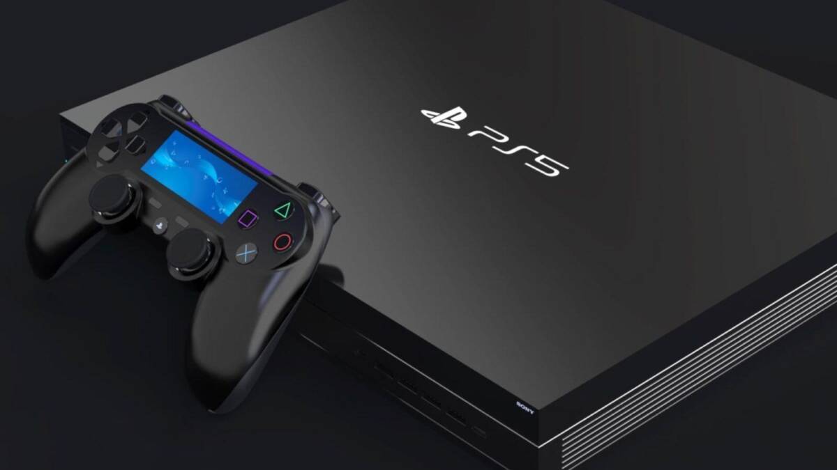 Консоль PlayStation 5 с геймпадом на черном фоне