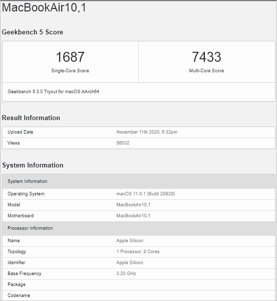 Apple M1 превосходит Core i9 в тесте Geekbench 3 macbook air geekbench