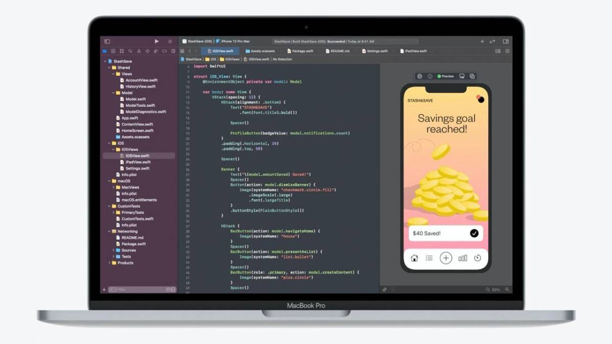 Экран MacBook Pro 2020 с кодом Swift и приложением
