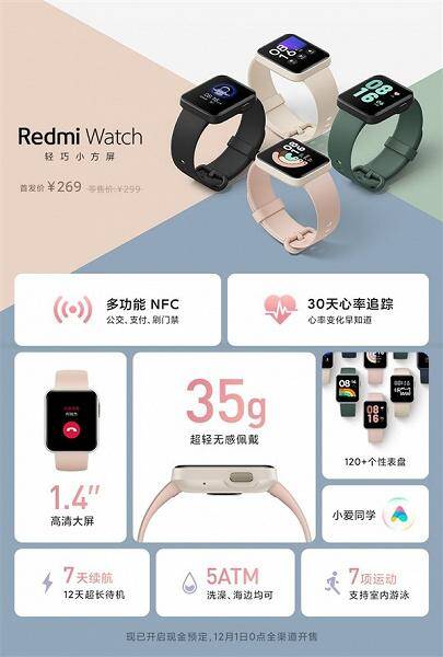 умные часы Redmi Watch с дисплеем 1.4 дюйма и NFC