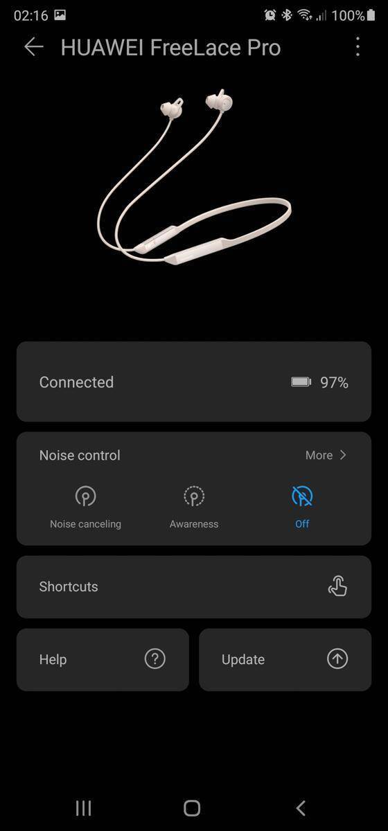 На экране отображены беспроводные наушники Huawei FreeLace Pro с уровнем заряда 97% с интерфейсом управления