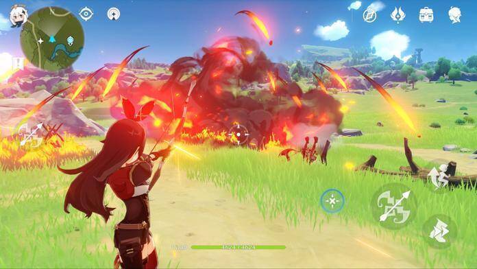 игрок в игре Genshin Impact с оружием и сражается с огромным взрывом огня