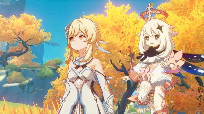 Два персонажа из игры Genshin Impact на фоне осенних деревьев