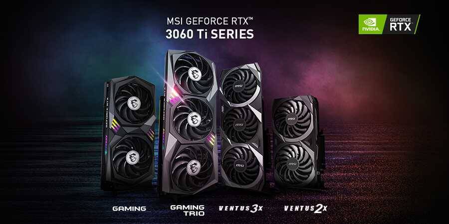 Видеокарты MSI GeForce RTX 3060 Ti серии на фоне темного фона