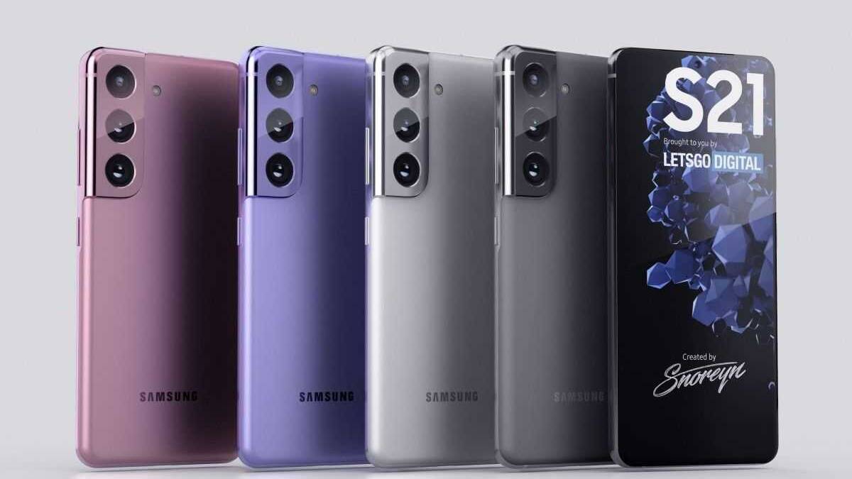 3D-рендер смартфона Samsung Galaxy S21 с тремя камерами на задней панели, вид спереди с дисплеем S21