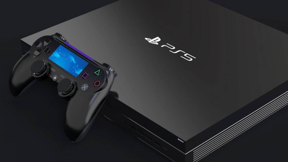 Черная консоль PlayStation 5 с яркой синей подсветкой и контроллером на черном фоне