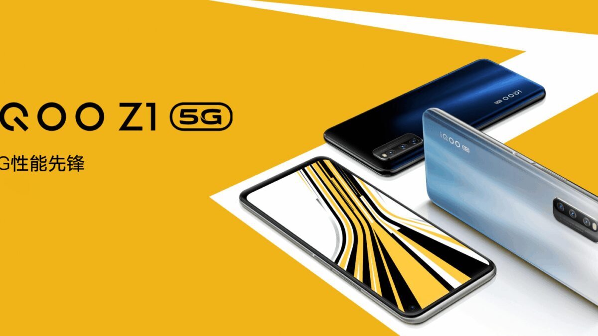 Две современные смартфоны iQOO Z1 5G сзади и спереди вид с дисплея
