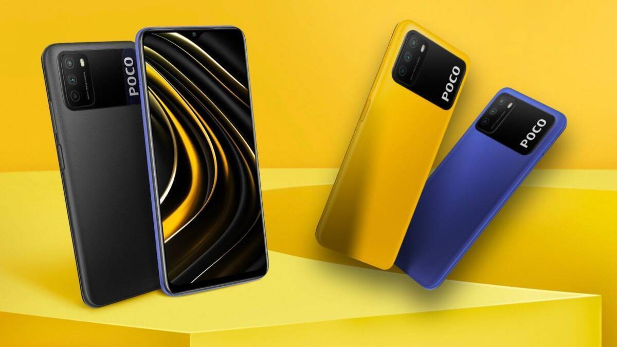 Черные, желтые и синие смартфоны Poco серии M с тремя камерами на задней панели