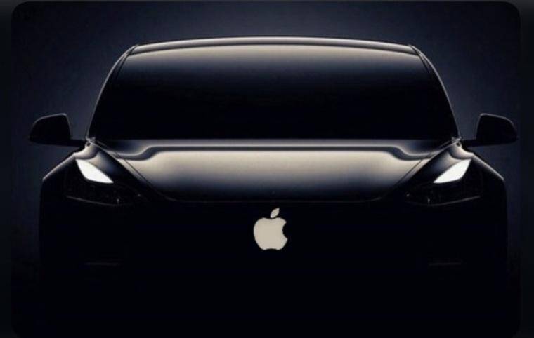 Черный электромобиль Apple Car с логотипом яблока спереди