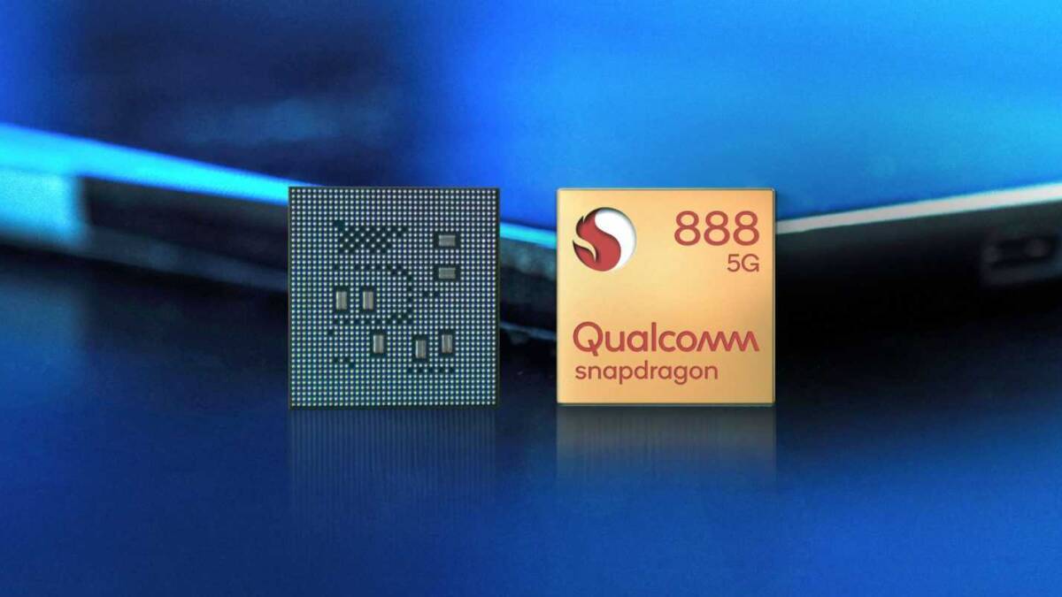 Графическое изображение процессора Snapdragon 888 от Qualcomm с логотипами 5G и Snapdragon