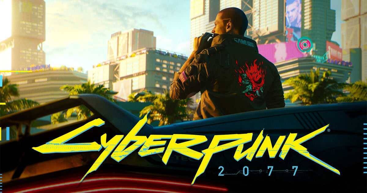 Черный автомобиль с ярким логотипом Cyberpunk 2077 на фоне ночного городского пейзажа