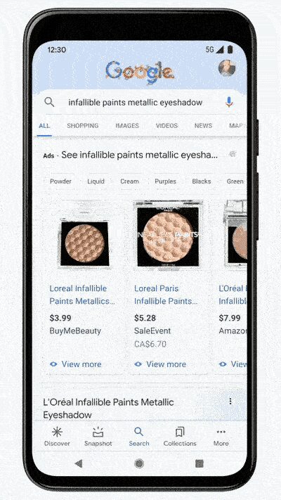 Экран смартфона с сайтом Google Shopping и поиском по макияжу