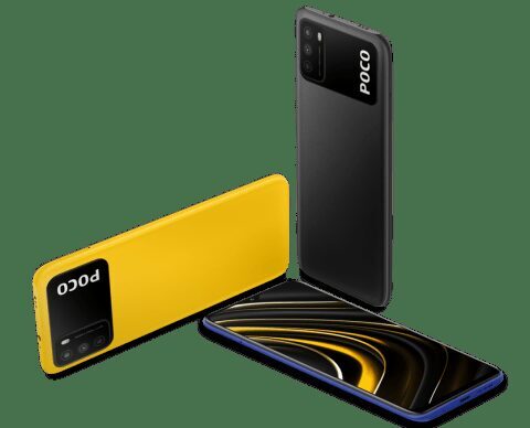 Два смартфона Poco M3 снизу и спереди вид слева и сбоку