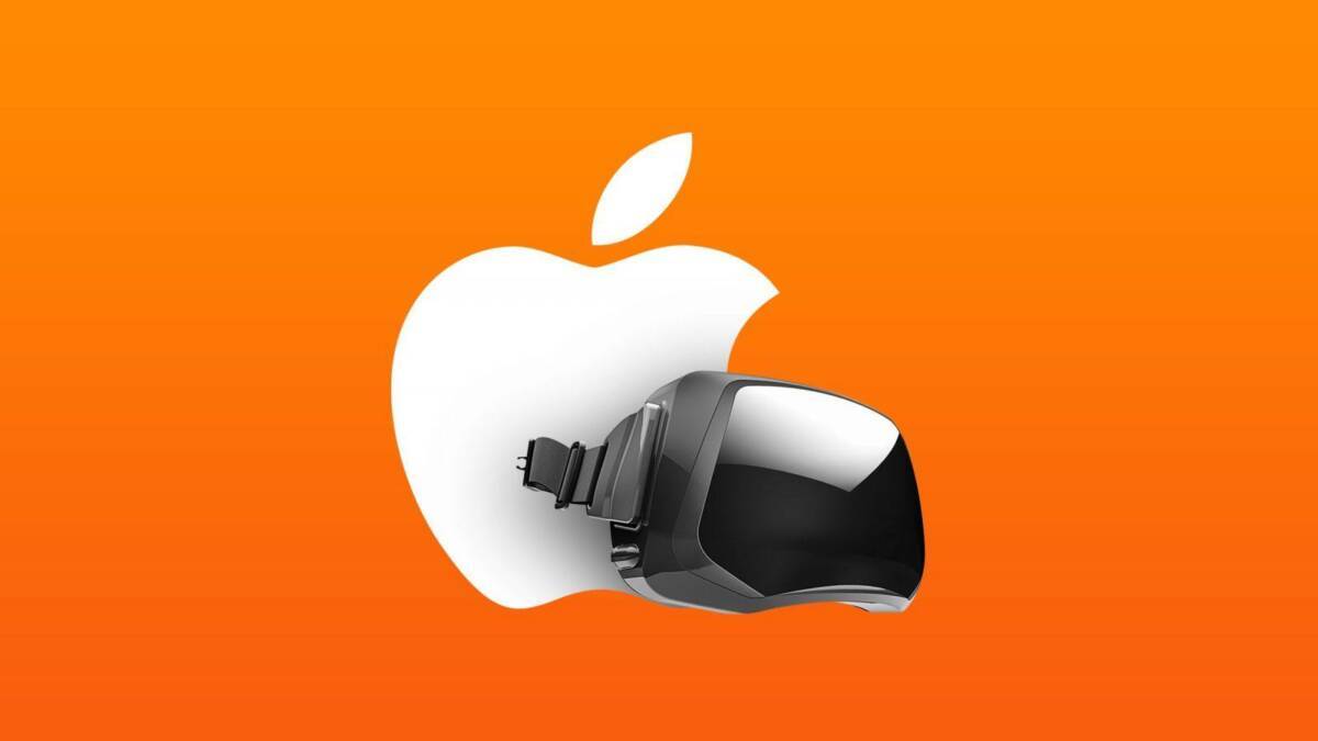 Виртуальная гарнитура Apple VR на оранжевом фоне, передний план с черным экраном