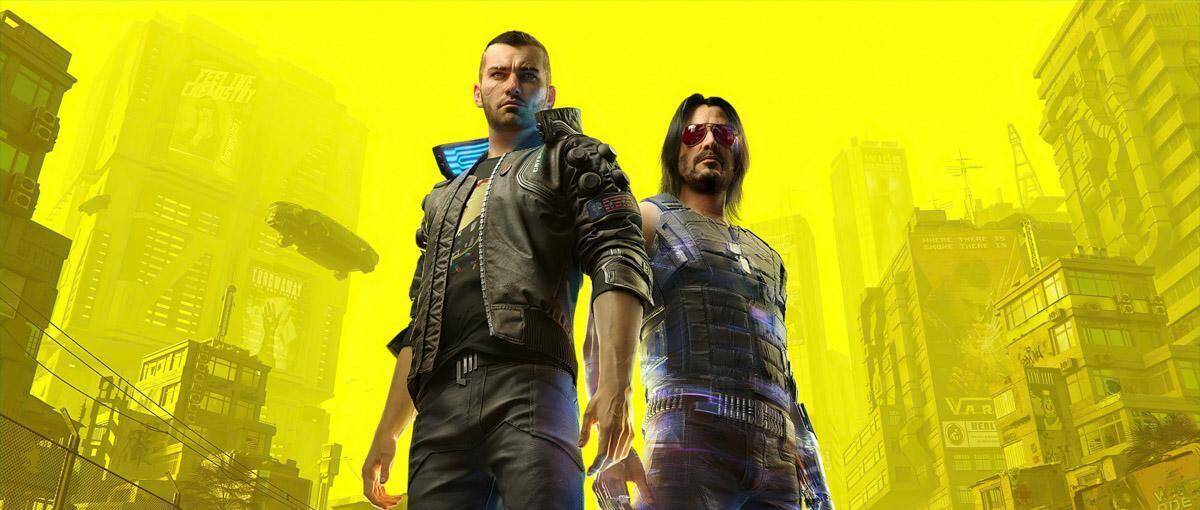 Сцена из Cyberpunk 2077: два персонажа в киберпанк-нарядах на фоне ночного мегаполиса