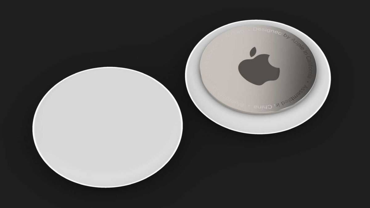 Apple AirTag выйдет в этом году 3 Белый круглый корпус Apple AirTag на черном фоне