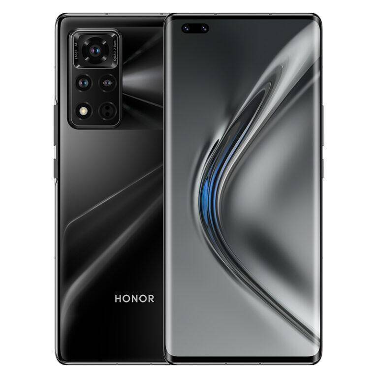 Смартфон Honor V40 с чёрным глянцевым корпусом и тройной камерой сзади