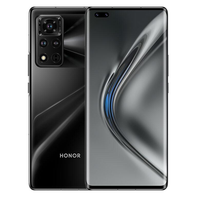 Смартфон Honor V40 с чёрным глянцевым корпусом и тройной камерой сзади