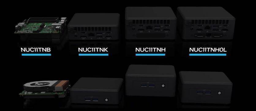 CES 2021: Intel представила серию мини-компьютеров NUC 11. От бюджетного неттопа до флагмана с дискретной видеокартой 4 Мини-компьютеры Intel NUC 11 различной модели на фоне черного цвета