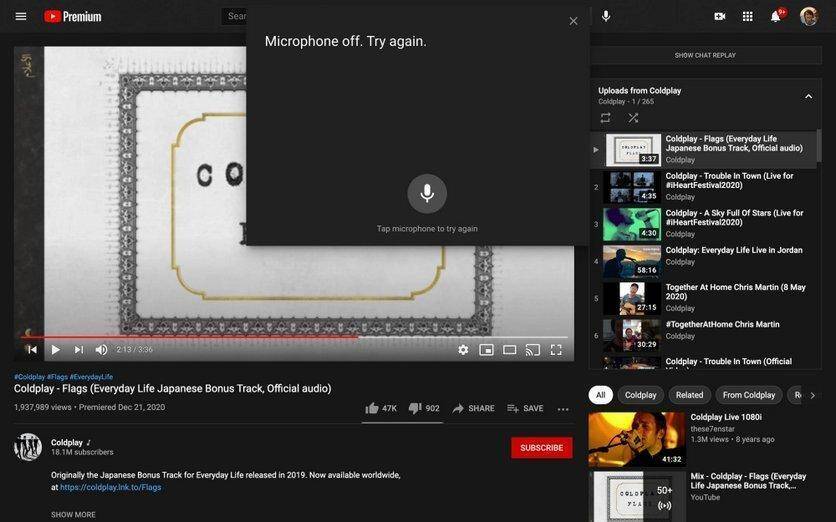 В веб-версии YouTube появилась поддержка голосовых команд 3 Экран YouTube с окном отключенного микрофона и списком видео