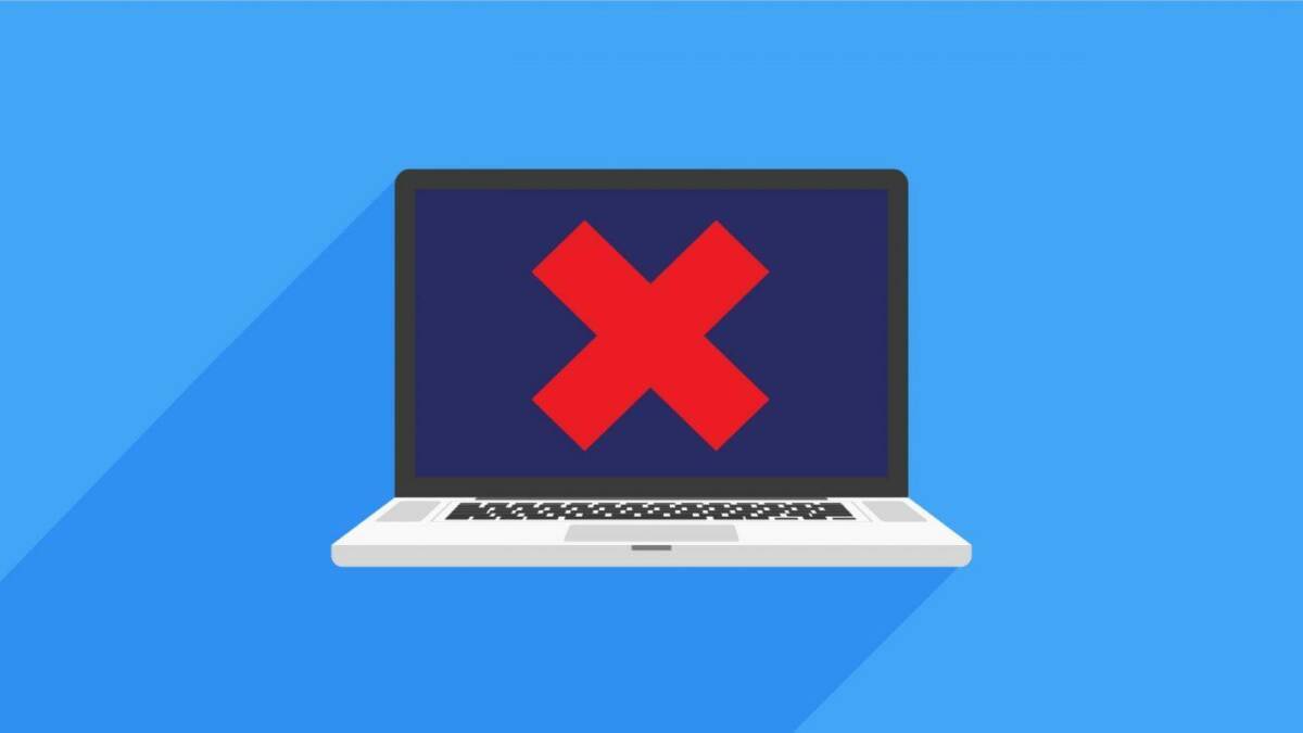Экран ноутбука с ошибкой Windows 10: красный крест и синий фон, иллюстрация принудительной перезагрузки