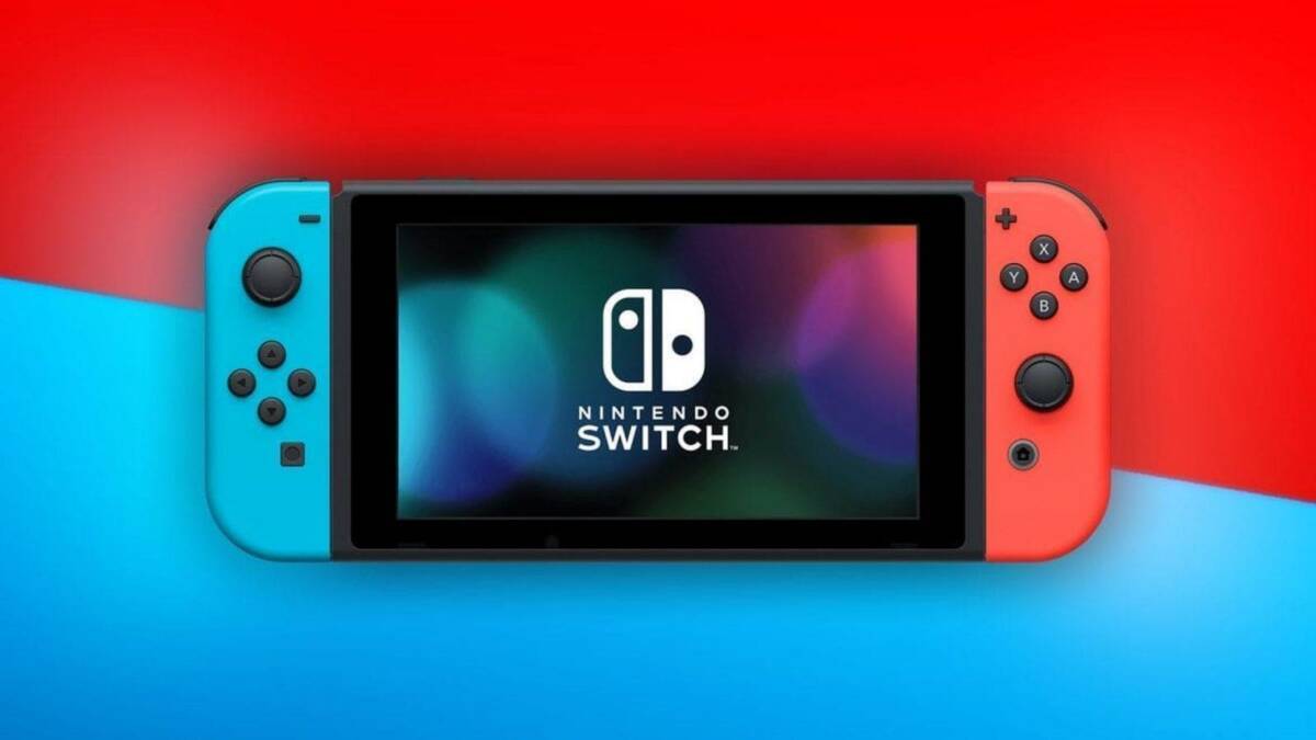 Цветной экран Nintendo Switch с логотипом на фоне красного и синего цвета