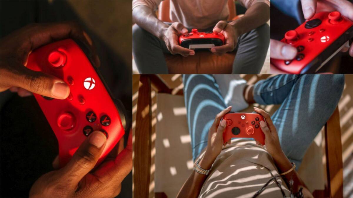 Люди держат геймпады Xbox Pulse Red в разных позициях