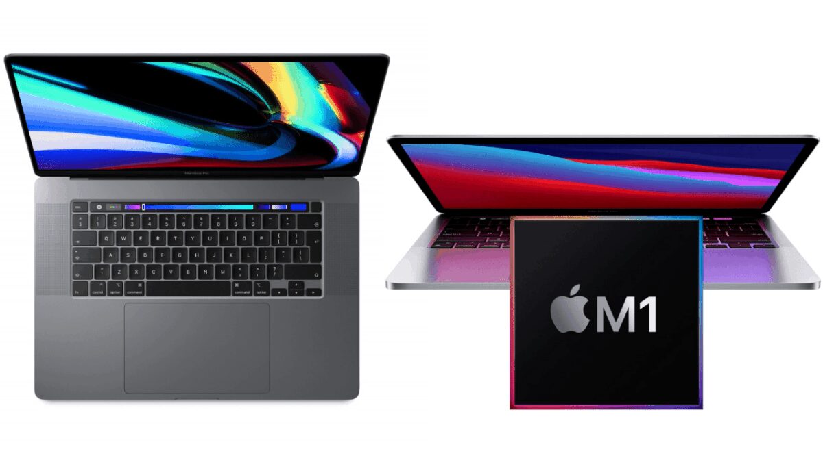 Два ноутбука MacBook с экранами, один с крышкой открытой, другой с экраном раскрытым, и чип Apple M1 выделен на изображении