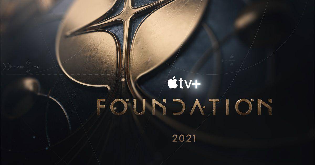 Логотип Apple TV+ на фоне научно-фантастического дизайна для трейлера Foundation